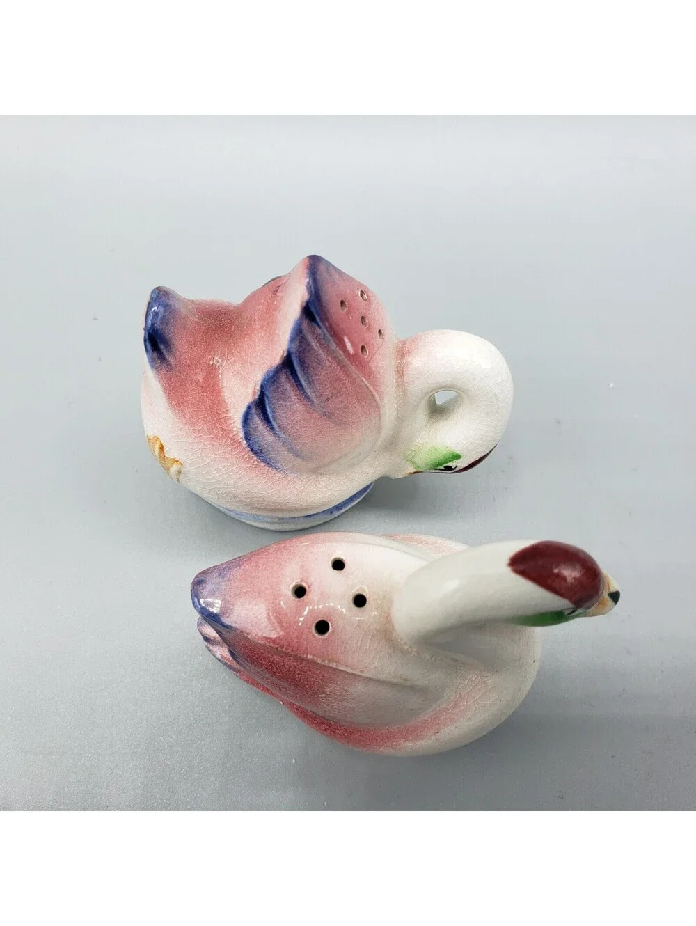Vintage Japan Swan Salt and Pepper Shakers Ceramic Pink Blue White Birds